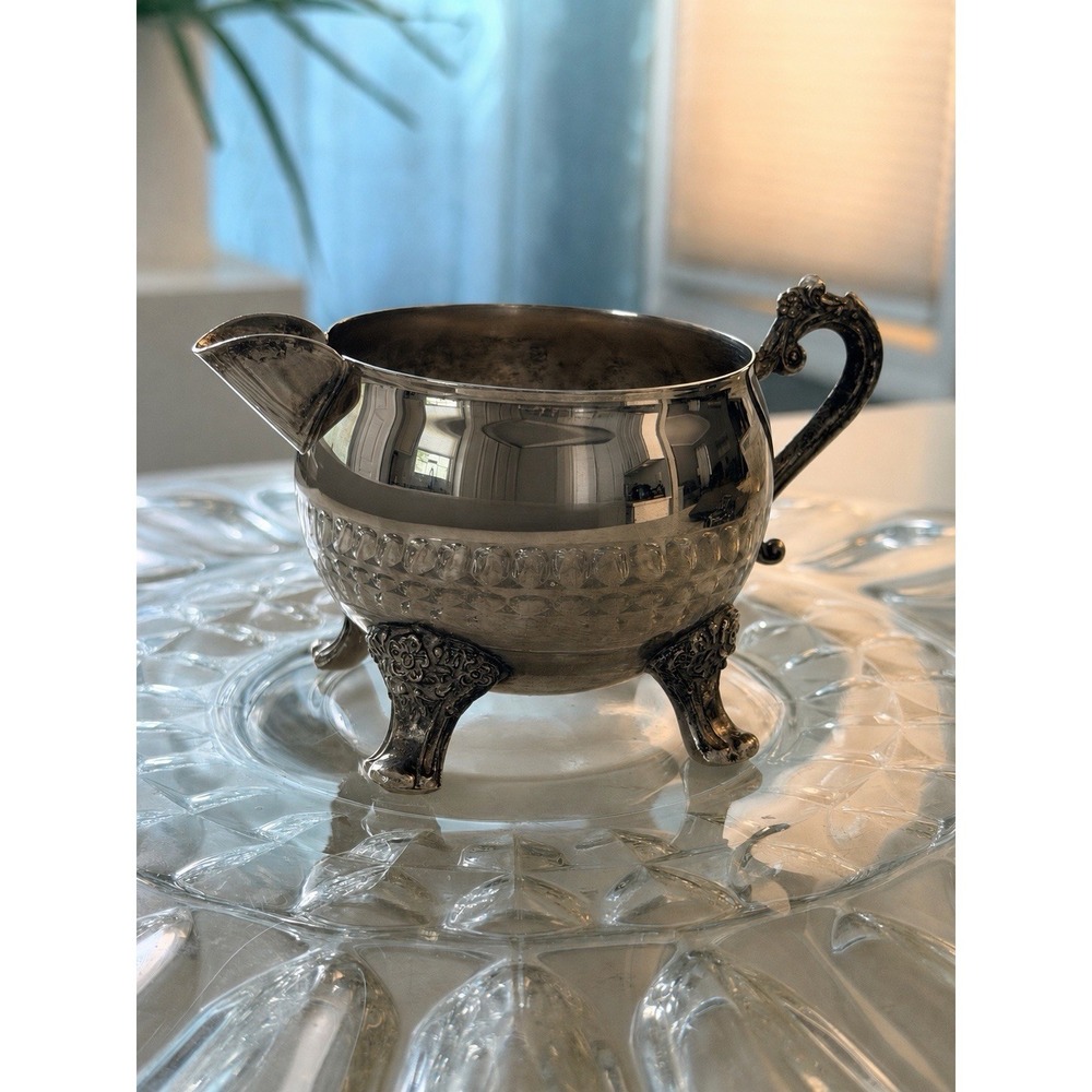 Vintage Silverplate Creamer Pitcher Ornate Footed Handle Cream Jug Unmarked